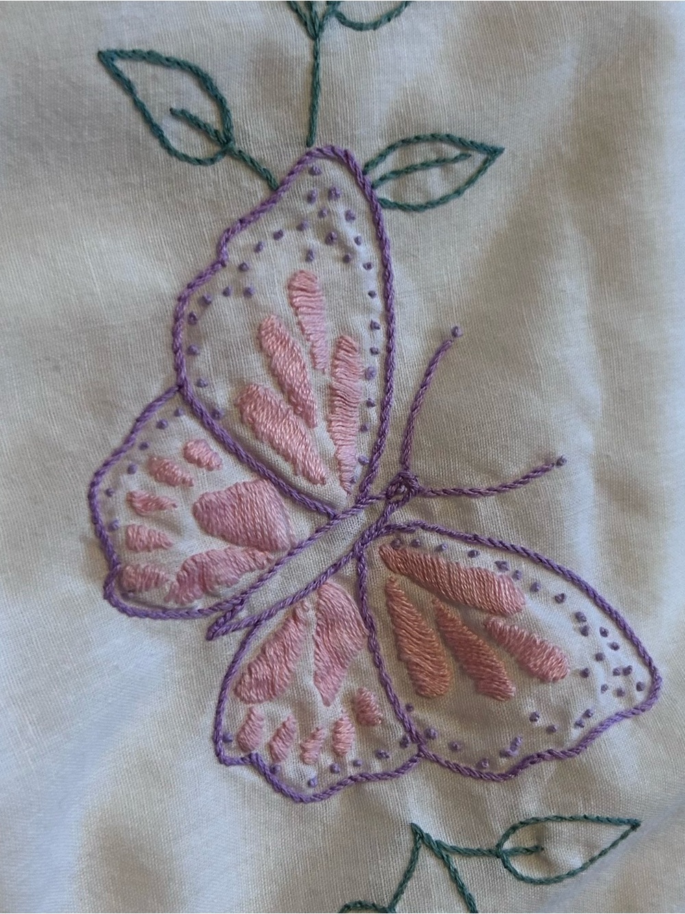 Vintage White Pillowcase Pair with Pink Butterfly Embroidery - Picture 3 of 6